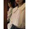 范雯雯荷叶娃娃领韩系甜美少女百搭白色衬衫，法式花边长袖上衣