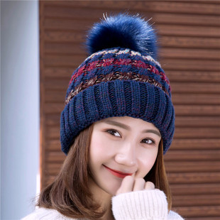 帽子女冬天休闲韩版潮时尚，毛球条纹保暖针织帽冬季加绒护耳毛线帽