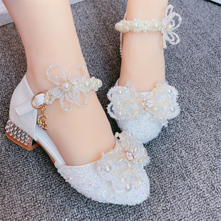 公主鞋女童水晶白色高跟鞋礼服，夏季花(夏季花)童鞋，儿童模特走秀比赛演出鞋