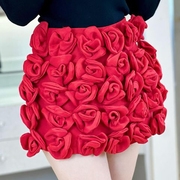 名媛风立体花朵红色半身裙女时髦精穿搭玫瑰花内衬防走光迷你短裤