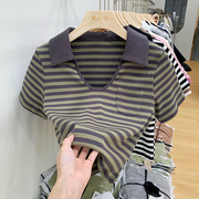 polo领条纹t恤女短袖2022夏季设计感小众甜辣短款v领上衣