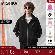 MIHSKA2024春季美式复古休闲字母标梭织黑色拉链外套男女同款