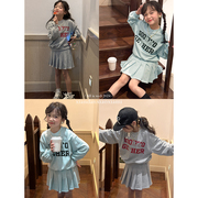 韩国春装女童学院风，卫衣运动套装儿童休闲百褶半身裙短裙子2件套