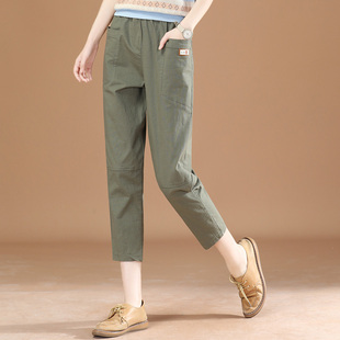 复古军绿色工装休闲裤，子女夏季薄款2024年宽松哈伦直筒七分裤