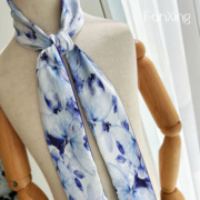繁星原创设计蓝色水墨印花丝巾领巾，国风高级感小长条绑包扎发丝带