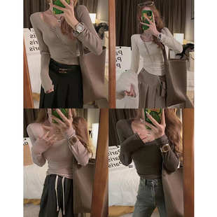 Yukiss 米色针织长袖打底衫女秋季韩系修身显瘦弹力设计感休闲T恤
