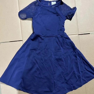 外单出口130-160码女童儿童宝蓝色短袖蕾丝网纱拼接连衣裙公主裙