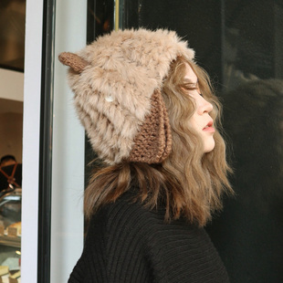 甜美可爱猫耳朵毛线帽韩版兔毛皮草帽子女日系秋冬季针织雷锋帽潮
