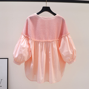 粉色灯笼袖娃娃衫女针织拼接棉布宽松衬衣，夏季甜美木耳边衬衫