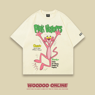 粉红顽皮豹woodoo设计师品牌，美式高街卡通，创意百搭男女t恤