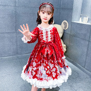 裙女新年裙子公主裙洋装儿童童装裙长长袖红色连衣裙 洛丽塔81011