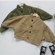 秋款儿童外套韩版蝙蝠袖潮范中小童棉麻上衣，男女童夹克工装衬衫