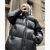 黑色pu皮拼接棉服外套男款，冬季2024高街保暖立领，百搭情侣棉衣