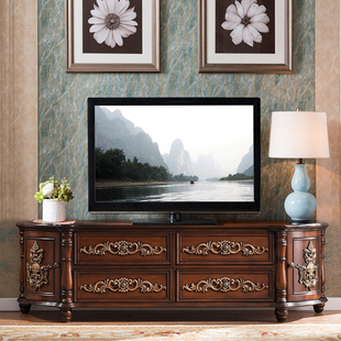 欧式电视柜实木美式弧形影视柜卧室小地柜雕花彩绘1.4，1.8，2米