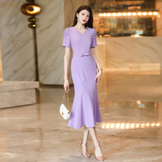 浅紫色连衣裙高级感2024女夏季收腰显瘦气质长款鱼尾裙1922