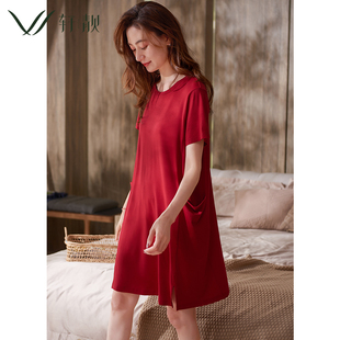 莫代尔大红色睡裙女士夏季薄款短袖夏天冰丝感睡衣连衣裙子可外穿