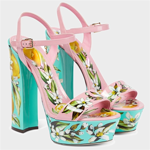 粉蓝色印花3d打印一字带，防水台超高跟，女凉鞋14cm性感女高跟鞋