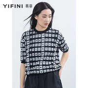 Yifini/易菲宽松休闲圆领短袖薄款毛衫女夏装印花针织衫