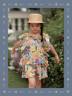欧利娜利原创高支长绒棉热带花卉，印花荷叶飞，袖夏季上衣短裤套装