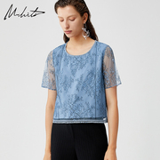 Mhiti蕾丝短袖上衣H1C632J锡瑅春季显瘦圆领蓝色蕾丝衫