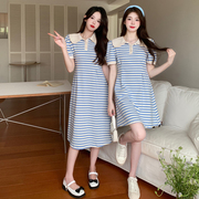 韩版时尚闺蜜装条纹收腰polo领连衣裙夏季泡泡袖长短款裙子