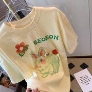 春夏季小兔子甜美可爱卡通奶黄色印花圆领短袖T恤上衣女ins风潮