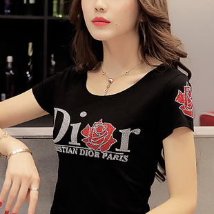 夏季网红欧货女装黑白色体恤，修身纯棉半袖，洋气烫钻短袖女t恤