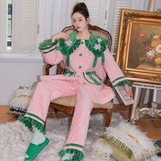 原创甜美粉绿撞色花朵三层，加厚夹棉加绒睡衣两件套可外穿家居服冬