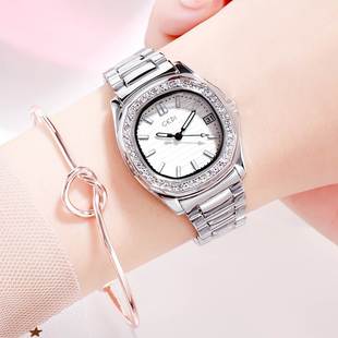 时尚镶钻女表奢华日历不锈钢腕表防水石英女士手表