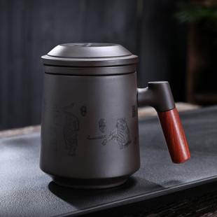 紫砂木把办公茶杯刻字家用带，过滤内胆大容量，茶水分离喝水杯子定制