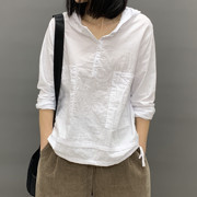 韩版女装t恤帽衫长袖纯棉布t恤衬衣宽松棉麻，文艺复古上衣外套