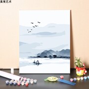 数字油画diy手工填充简约小船，泛舟风景画手绘三联画涂色油彩画画