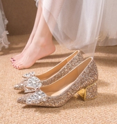 金色蝴蝶结高跟鞋女粗跟银色水晶伴娘鞋婚鞋单鞋，亮片法式气质鞋子