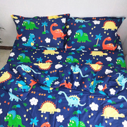 卡通可爱蓝色恐龙纯棉床单双人床，儿童全棉被单被套枕套三四件套