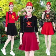 户外迷彩服长袖t恤套装大码女舞蹈2022秋季大红色，半身短裙两件套m