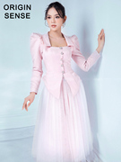 秋冬鸵鸟毛装饰(毛装饰)仙气淑女公主粉色复古蓬蓬半身裙优雅两件套装