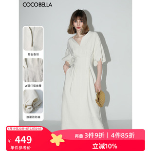 COCOBELLA肌理感捏褶法式白色连衣裙赫本风优雅茶歇裙FR3033