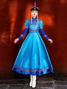 蒙古服饰定制演出长袍，大裙摆蓝色泡泡袖，长袖少数民族风连衣裙