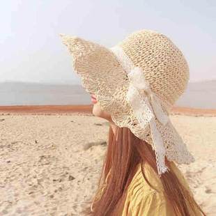 女式带沿今年夏季流行的帽子，日式草帽花朵花边，太阳帽渔夫帽波浪边