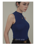 LOUIS VIVI法式桑蚕丝半高领针织衫 无缝一体蓝色背心高级感上衣