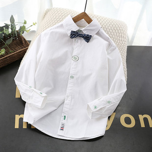 绅士范~男童白色长袖衬衫2024儿童纯棉翻领上衣中大童，领结白衬衣(白衬衣)