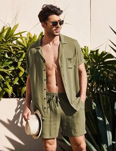 跨境男装亚麻短袖衬衫套装麻布夏季宽松休闲棉开衫衬衣短裤。