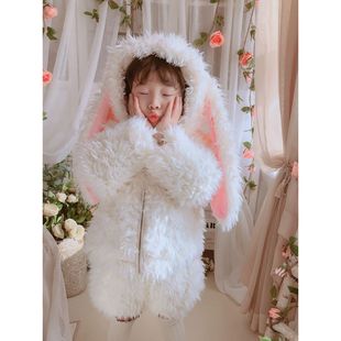 2023冬季女童可爱毛绒兔子小学生套装宝宝加绒外套洋气两件套童装
