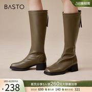 百思图2023冬季时尚西部骑士靴粗跟女棕色长筒靴子MD352DG3