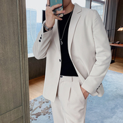 米白色韩版宽松西服套装男一粒扣小西装外套休闲薄款垂感两件套装