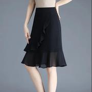 黑色雪纺短裙半身裙女夏季2023裙子高腰，显瘦a字鱼尾裙包臀裙