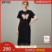 dfvc时尚黑色T恤连衣裙女2025年夏季新款蝴蝶蕾丝拼接显瘦长裙子