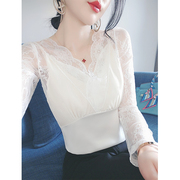 蕾丝拼接衬衫勾花镂空长袖，设计感小众，白色韩版气质上衣2024年