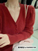红色V领毛衣外套女2023秋冬泡泡袖复古纯色羊毛针织开衫上衣