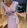 韩国时尚舒适潮气质女装v领无袖性感芋紫复古垫肩系带连衣裙长裙